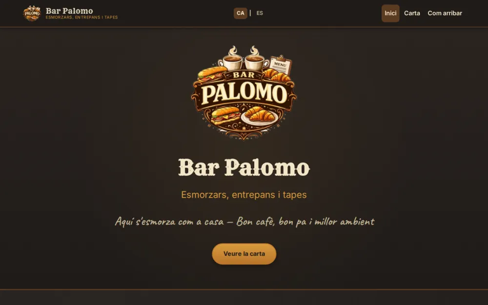 Captura de la web d'exemple del Bar Palomo vista a l'ordinador