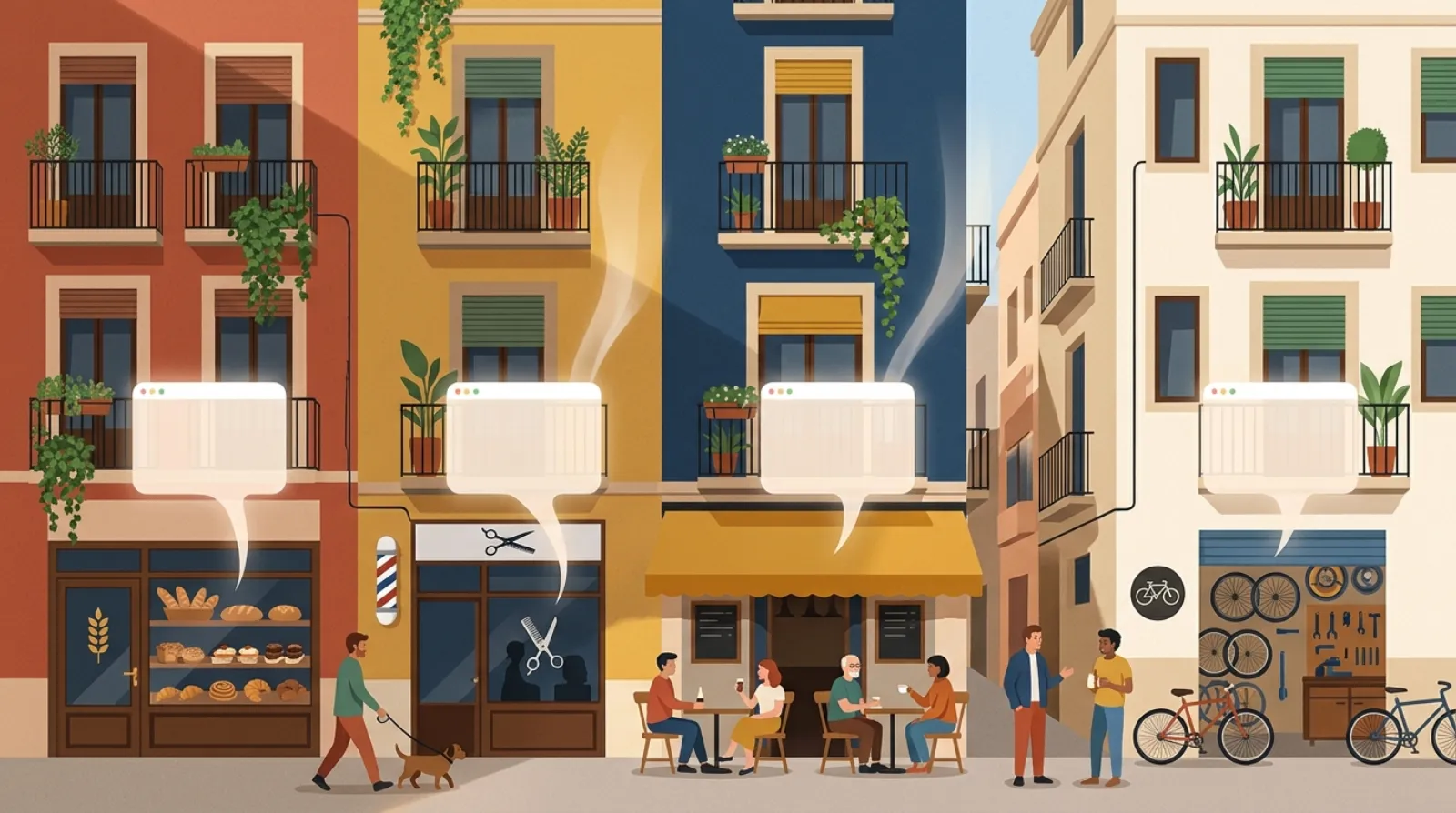 Il·lustració d'un carrer de Barcelona amb botigues que es connecten al món digital